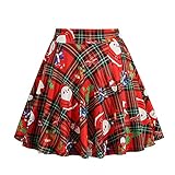 KIMODO Damenrock Faltenrock mit Weihnachtsdruck Herbst Winter Elegant Hohe Bund Stretch Mini Skater Rock Plissee Partyrock Mode (C-Rot, S)