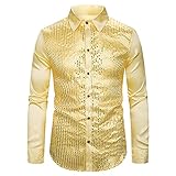 KBUY Herren Pailletten Hemd 70er Langarm Disco Party Kostüm Herren Langarm Hemd mit Pailletten Metallic Glänzend Sequin Glitzer Kostüm Slim Fit Tops für Party Cosplay Nachtclub Disco T