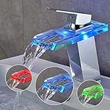 Fetcoi LED Glas Wasserfall Armatur Waschtischarmatur Wasserfall Waschbecken 3 x RGB Farbewechsel Beleuchtung Einhandmischer Wasserhahn Spültischarmatur Mischbatterie Waschbeck