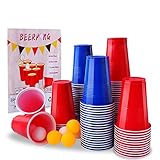 Herefun 100+10 Beer Pong Becher Partybecher Set, 16 oz Bier Pong Cups Plastikbecher Trinkbecher, Rot und Blau Trinkspiel mit 10 Bällen, Wiederverwendbar Camping Bier Weihnachten Geburtstag