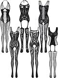 SATINIOR 6 Stück Damen Spitze Strümpfe Netz Dessous Strümpfe Hohl Fischnetz Bodysuits Blumen Dessous Nachtwäsche (Schwarz, XL - XXL)