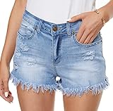 HVEPUO Kurze Sommer Hose Damen Normale Leibhöhe Stretch Hot Pants Destroyed Jeans Knöpfe Women Skinny Leicht Quast Shorts Für Mädchen Blau Gewaschen L