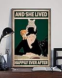 Katzen-Poster Lesenbuch Poster Love Cat And She Lived Happily Ever After Poster Vintage Katzenbuch Poster Buch Katzenliebhaber Geschenk Metallschilder Poster 30,5 x 40,6