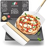 Pizzastein schwarz für Backofen & Gasgrill inklusive Pizzaschieber, Pizzamesser und Rezeptheft, Pizzastein aus Cordierit, für knusprige italienische Pizza, Pizzastone Set, rechteckig
