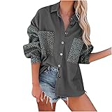 vijTIAN difine Langarmshirt Damen Leoparden Farbblock Sweatshirt Damen Ohne Kapuze Pullover Damen Langarm Revers Knopfleiste Vorne Bluse Damen Herbst-Winter T-Shirt Mode Lässig Hemd Tops Ob