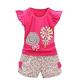 YWLINK 2PCS MäDchen Süß Outfits Lolly RüSchen KappenhüLse T-Shirt Tops + Blume Drucken Kurze Hosen Urlaub Strand Set(Heiß Rosa,80)