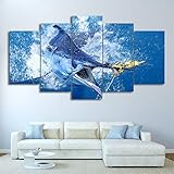 DUOYUN Modulares Bild 5 Stück Leinwand Malerei HD Druck Wohnkultur Moderne Kunst Poster 150 * 80CM Mit Rahmen-Atlantischer Blauer Segelfisch Thunfisch Poster-Kreatives Design, Geschenk