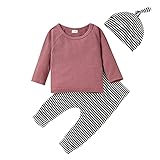 Alunsito Kinder Baby Jungen Mädchen Langarm Strick Ripp Pullover T-Shirt Tops + Gestreifte Hosen Kinder Outfit Herbst Kleidung Set Rot 12-18 M