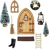Gnome Door Christmas Set - Miniature Gnome Set, Gnome Accessories with Accessories Boots Lantern Christmas Tree Decorative Wreath Wooden Ladder Gnome Broom Candy Cane Christmas Decoration Fig