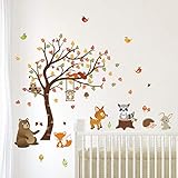 decalmile Wandtattoo Baum Waldtiere Wandaufkleber Hirsch Fuchs Eule Wandsticker Babyzimmer Kinderzimmer Schlafzimmer Wohnzimmer Wanddeko (H: 79cm)