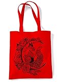 Einkaufstasche mit Fuchs und Mondsichel, Hipster-Tattoo, großer Aufdruck, Einkaufstasche, rot, Einheitsgröße,