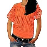 Smile Fish Damen Casual Sexy 80er Jahre Kostüme Fischnetz Neon Off Shoulder T-Shirt, Orange, M