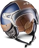 Soxon® SP-325 Urban „Blue“ · Jet-Helm · Motorrad-Helm Roller-Helm Scooter-Helm Moped Mofa-Helm Chopper Retro Vespa Vintage Pilot · ECE 22.05 Visier Leather-Design Schnellverschluss Tasche XL (61-62cm)