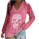 Wave166 Halloween Kostüm Damen Skelette Bluse Mit Pailletten Leopardenmuster Und Herzform Ärmel Patchwork Oberteil T-Shirt Mode Tunika V-Ausschnitt Langarmshirt Sportbekleidung