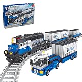 Myste Technik Zug Eisenbahn Bauset, 1008 Teile City Güterzug Cargo Train Modell mit Schienen, City Zug Klemmbausteine Konstruktionsspielzeug Kompatibel mit Lego Technik Zug - S