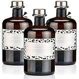 3x Apothekerflaschen braun 500ml Geschenkset mit Korken titansilber matt, Band, Kapseln & 3 Etiketten Motiv Leo, 0,5L Glasflaschen schwarz antik leer, Braunglas Flaschen für Öl, G