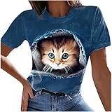 Tshirt Damen Kurzarm Sommer Oberteile 3D Katze Drucken Tee Tops Casual Frauen Rundhals Basic Shirts Sweatshirt Pullover Teenager Tshirts Bluse Hemd Tunic Tunika Fitness Sport Top