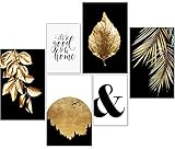 artpin® Moderne Poster Set - Bilder Wohnzimmer Deko Gold Schlafzimmer - Goldene Blätter Palmblatt 4X A4 | 2X A5 - W7