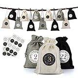 Naler 24 x Jutesäckchen Adventskalender Stoffbeutel mit Zahlenaufkleber Jute Beutel Natur Säckchen Geschenksäckchen für Weihnachten - Schwarz/Creme/Hellg