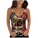 T-Shirt Damen Sommer Bluse Streetwear Sport Oberteile V Ausschnitt Sweatshirt Tunika Tops für Teenager Mädchen,Frauen Ärmellose Rosendruck Ärmelloses Spitzen-T-Shirt Bluse Cami Tank Top