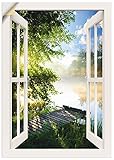 Artland Wandbild selbstklebend Vinylfolie 50x70 cm Fensterblick Fenster Landschaft Wald Natur See Angelsteg Sonne Frühling T1J