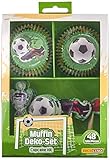 Decocino Muffinset Fußball | HOCHWERTIGE Fußball Muffin Deko von DEKOBACK | Deko für Fußballmuffins, Fußball Cupcakes, Fußballkuchen u.v.m. | 1 Pack (48 Teile: 24 Muffinförmchen, ø ca. 5 cm und 24 Muffinsticker) | Fußballdeko k