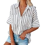 Gestreifte lockere einreihige Hemden mit fünf Viertelärmeln für Damen,Lässiges Tuniken Sweatshirt Kurzarm/Langarm Shirt Oberteile Elegant Jumper Kontrastfarbene Streetwear Blusen Bluse Tops Eay