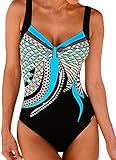 HAPPY SAILED Damen Blau Badeanzug Drucken Push Up Bademode Bauchweg Badeanzuge Swimsuit L S