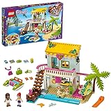 LEGO 41428 Friends Strandhaus mit Tretboot Set, Puppenhaus mit Mini Puppen Andrea & Mia und 2 Tierfiguren, Spielzeug ab 6 J