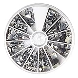 Rayher Hobby 38643606 Hotfix Metall-Nieten, silber, 2,5-10 mm, Formenmix, 12 Formen, selbstklebende Bügelnieten in runder Sortierbox mit Fächern, gesamt 420 N