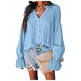 Damen Einfarbig Dressy T Shirt Mode Spitze Knopf Langarm Loose Fit Bluse Casual Blouch Daily All Match Tops T-Shirt Damen Elegant Herbst Basic Klassisch Solide Hohl Ärmel Arbeitsshirts, blau, Larg
