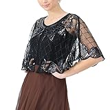FEESHOW Damen Umhang Cape Retro Pailletten Stola Schal 1920s Bolero Für Hochzeit Braut Abendkleid Brautkleid Festlich Gala kleid Schwarz One S