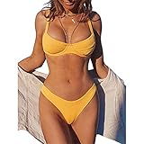 ZAFUL Bikini Gerippter-Bikini-Badeanzug mit Bügel und hohem Bein, zweiteiliges Bikini Damen Set,Gelb.M