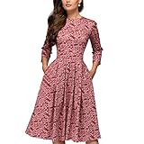 ZhaZhaMeng Damen Vintage 50er Jahre Blumendruck Kleid Plissee A-Linie Cocktailkleid Midi Abendkleid Swing Kleid mit Tasche, rose, X-Larg