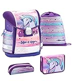 Belmil Schulranzen Set 4 - teilig ergonomischer Schulranzen Mädchen 1. klasse 2. klasse 3. klasse - Super Leicht 860-950 g/Grundschule/Einhorn lila (403-13 Believe in Magic)