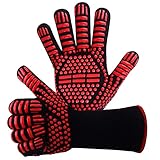 Grillhandschuhe,Ofenhandschuhe BBQ Kochenhandschuhe Backhandschuhe Hitzefeste Handschuhe Kaminhandschuhe bis zu 800°C 1 Paar Silikon Rutschfeste EN407 Zum Grillen,Kochen,Schweißen,Feuerplatz (Rot)