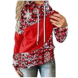 Lazzboy Kapuzenpullover Damen Weihnachten Print Frauen Casual Spleißen Kontrast Splice Langarm Hoodie Sweatshirt Tops Rollkragen Farbblock Sweater Kapuzenpulli S-2XL ( Rot,L )