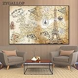Leinwand Malerei Heimtextilien Weltkarte mit Poststempel und Elfi-Turm Poster Leinwand Kunst Malerei Modernes Dekor Wandbilder für Wohnzimmerdekoration Tableau 60x80cm(24x31in)