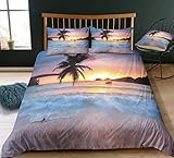 Strand und Meer 3D Print Betten Set Kinder Sea Beach Sonnenuntergang Bettwäsche Set Microfaser Modern Stil Tropische Palm Bettbezug mit 1 Kissenbezug 2 teilig 135x200 cm + 80x80 cm Jungen M