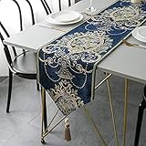 Styho Luxuriöser Esstisch/Kommode, Retro-Stil, europäischer Stil, elegante Blumenstickerei, Tischdekoration mit Quaste, Marineblau, 32 x 180