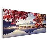 Revolio 150x60 cm Panorama Bilder Leinwandbild Wandbilder Wohnzimmer Modern Kunstdruck Design Wanddekoration Deko Bild auf Leinwand 1 Teilig - Japan Berg Fuji rot B