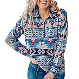 Geometrie Drucken Vintage Volksbrauch Sweatshirt Damen Revers Reißverschluss V-Ausschnitt Langarmshirt Herbst Winter Langarm Pullover Casual Zipped Bluse Basic Pullover Retro Ethnisch Tunika Top