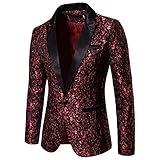 PDYLZWZY Herren Pailletten Anzug Sakko Slim Fit Glitzer Blazer Anzugjacke EIN Knopf Unregelmäßige Anzugjacke für Nachtklub,Hochzeit,Partei (Rot, XL)