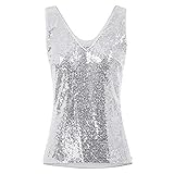GRACE KARIN Damen Pailletten Bluse Sparkle Shimmer Weste Ärmellos V-Ausschbitt U-Back Side SplitBluse Tunika M Silber Cl011080-1