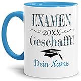 Tasse mit Spruch - Abschluss geschafft Examen - zum selbst Gestalten mit Wunschname und Abschlussjahr - Geschenk für das bestandene Examen, Henkel & Innen Hellblau 300 ml |