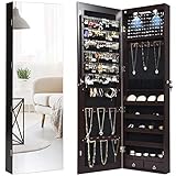 COSTWAY Schmuckschrank mit LED Beleuchtung, Schmuckregal hängend, Spiegelschrank mit Spiegel, abschließbar mit Schlüsseln, Schmuckaufbewahrung für Schmuck & Kosmetika, 120 cm hoch (Dunkelbraun)