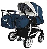 Adbor Duo Spezial Zwillingskinderwagen mit Babyschalen, Zwillingswagen, Zwillingsbuggy Farbe D-8 blau/w