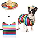 Hund Sombrero Hut Haustier Serape Poncho Kostüm Lustig Hund Kostüm Mehrfarbig Einstellbare Sombrero Kostüm Mexikanischen Hund Poncho Strohhut Bulldogge Kleidung für Mexikanische Party Dek