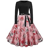 Vintage 50er Rockabilly Abendkleider Damen Weihnachten Kleider Langarm Weihnachtskleid Vintage Hepburn Cocktailkleid Weihnachten Druck Partykleid A-Linie Swing Kleid Dress Abschlussballparty