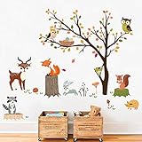 decalmile Wandtattoo Waldtiere Baum Wandsticker Eule Fuchs Hirsch Wandaufkleber Kinderzimmer Babyzimmer Schlafzimmer Wanddek